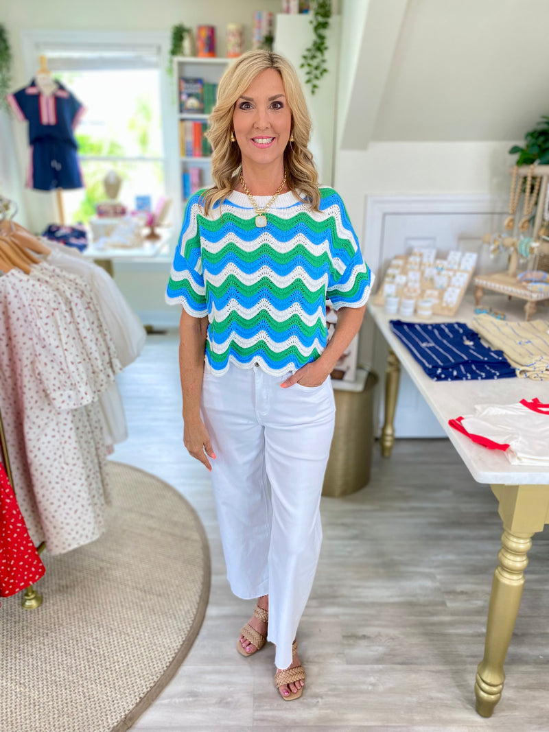 Wavy Stripe Scalloped Edge Lightweight Sweater