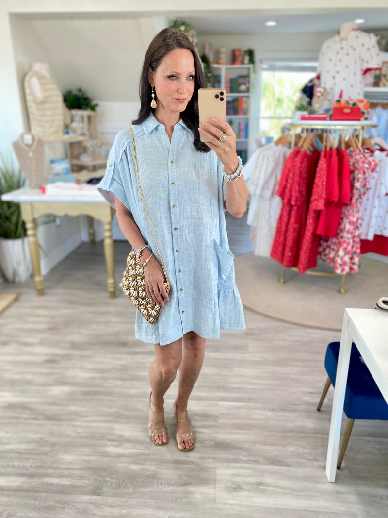 Textured Material Side Pockets Button Down Dress