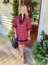 Plaid Velvet Trim V Neck Shift Dress
