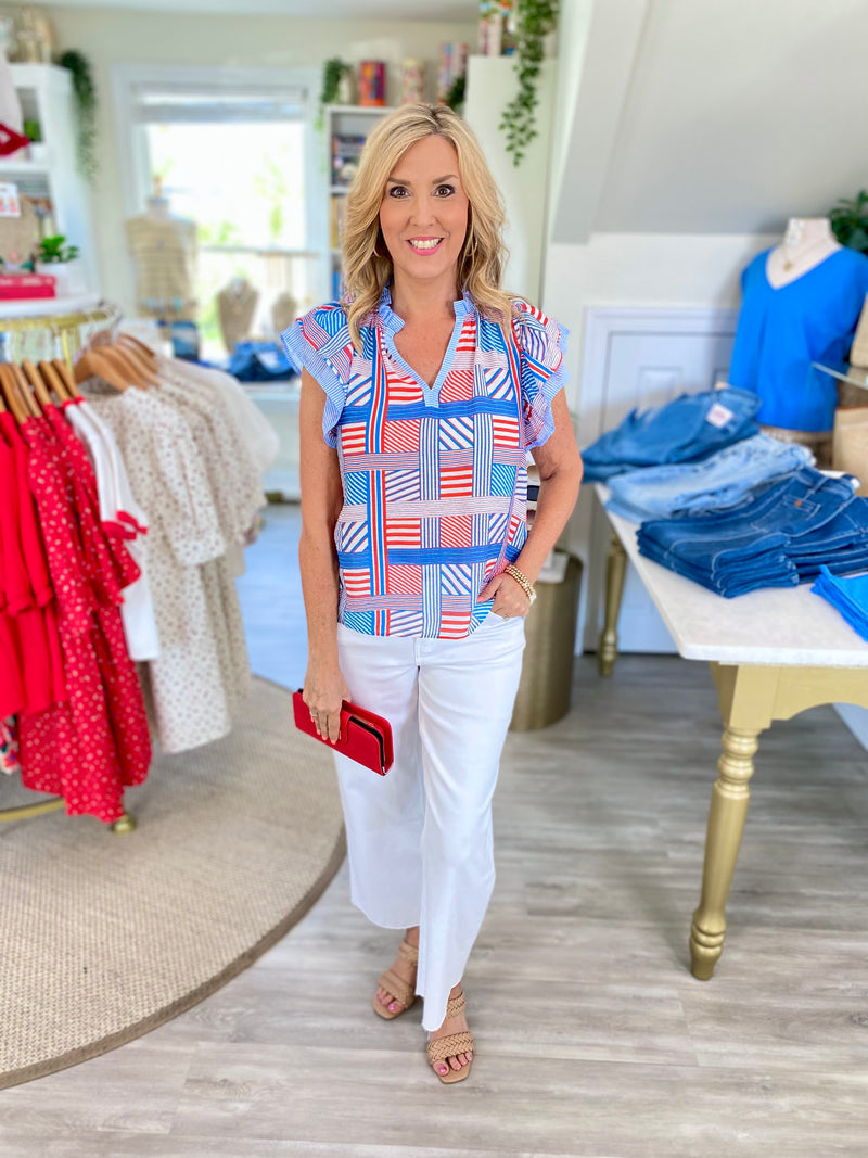 THML Mixed Stripe Flutter Sleeve Top