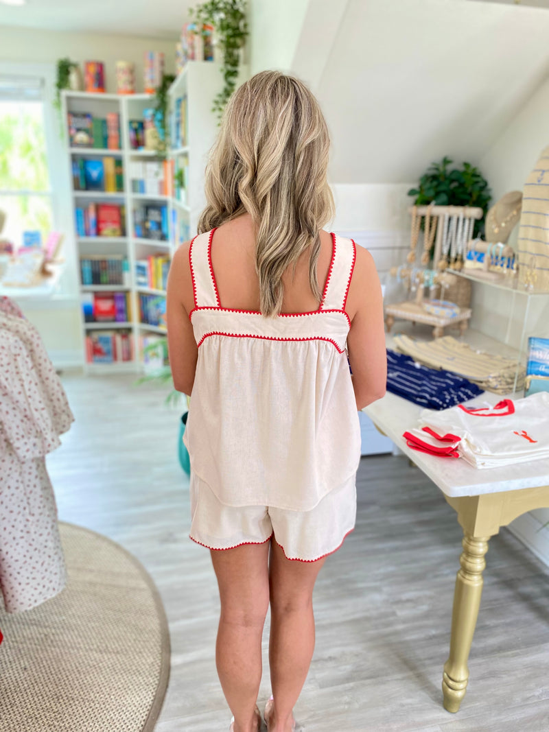 Scalloped Top Stitch Square Neck Short Set