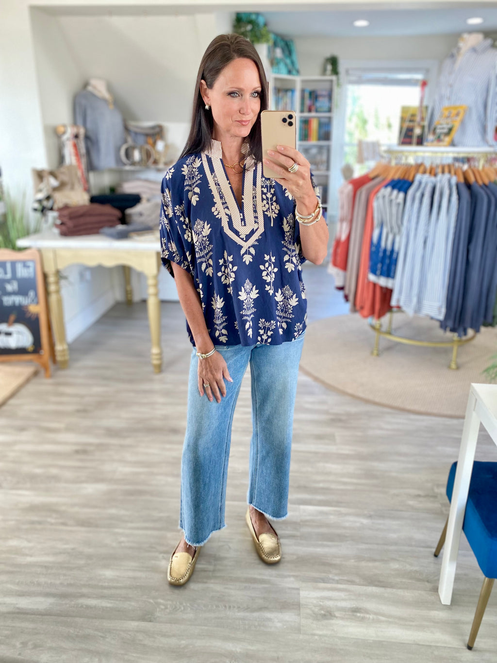 Botanical Print Stripe Trim Dolman Sleeve Top