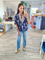 Botanical Print Stripe Trim Dolman Sleeve Top
