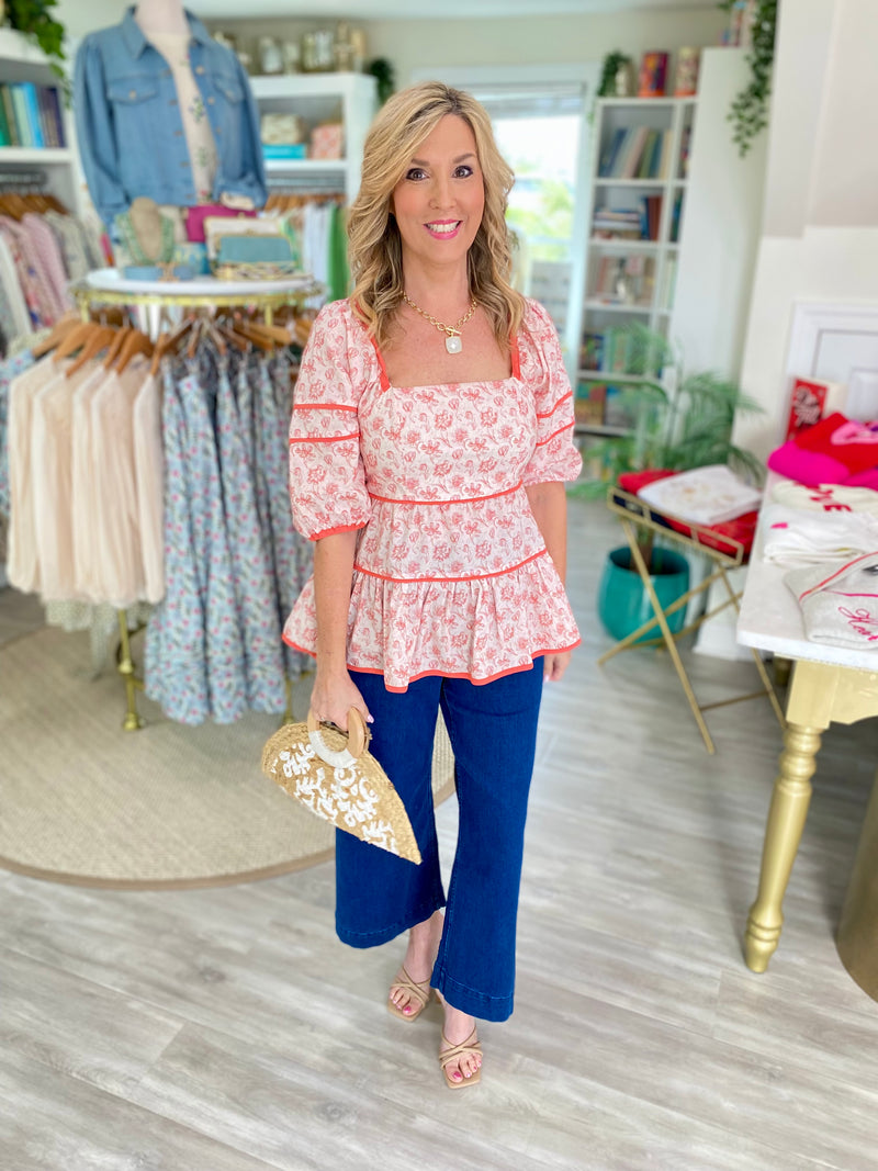 3/4 Sleeve Floral Print Peplum Top