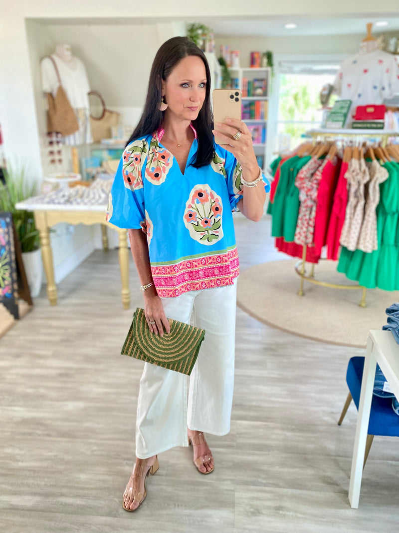 Floral and Border Print Balloon Sleeve Top