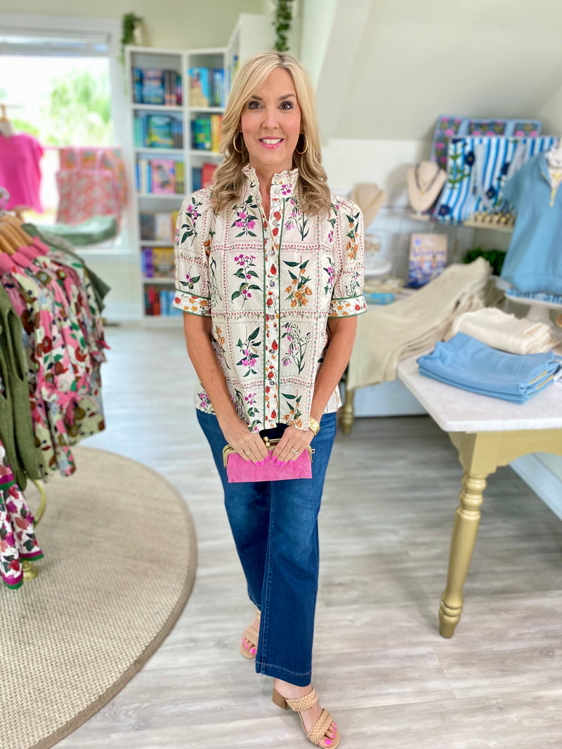 Vintage Botanical Print Ruffle Standup Collar Top