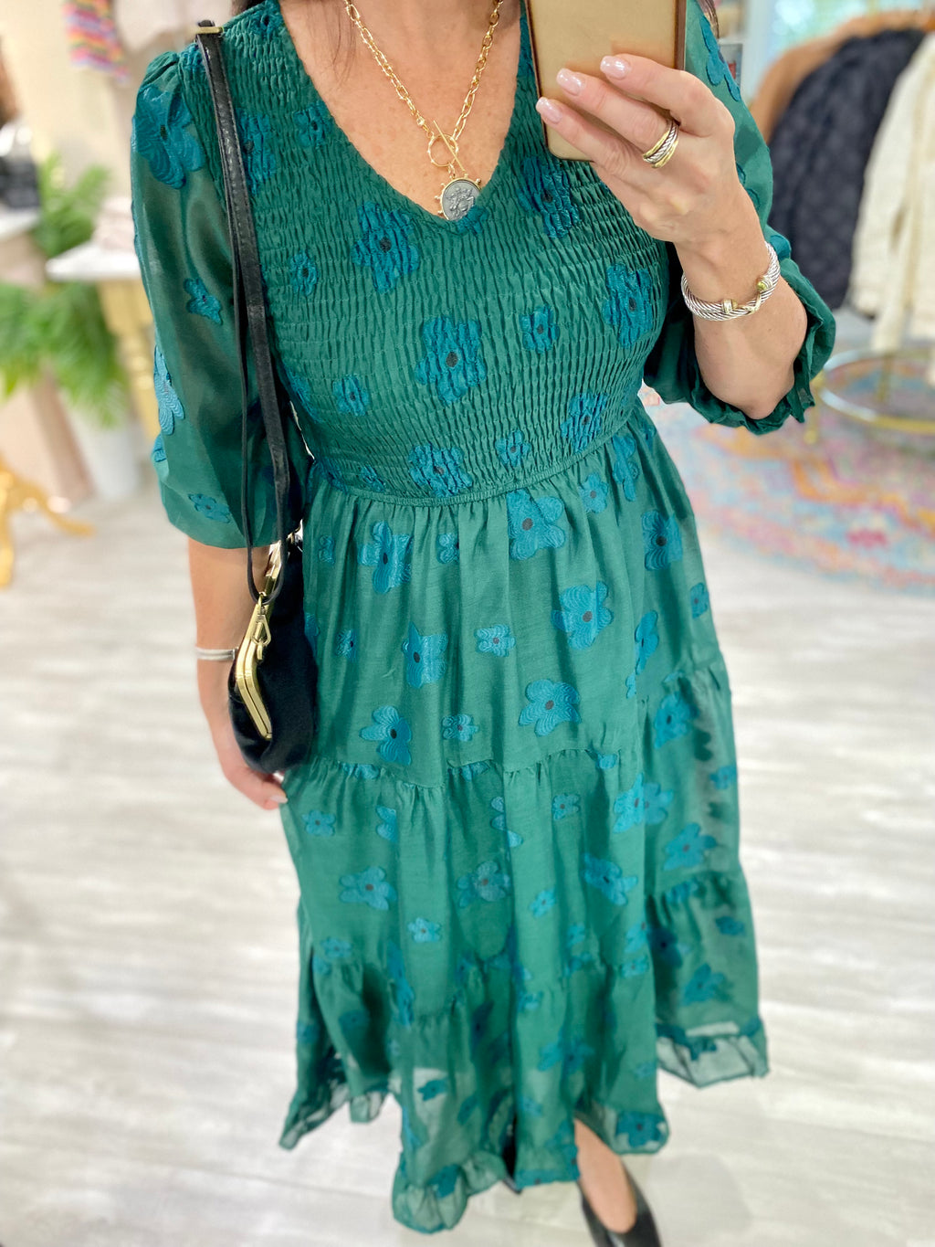 Embroidered Floral Smocked Bust Dress