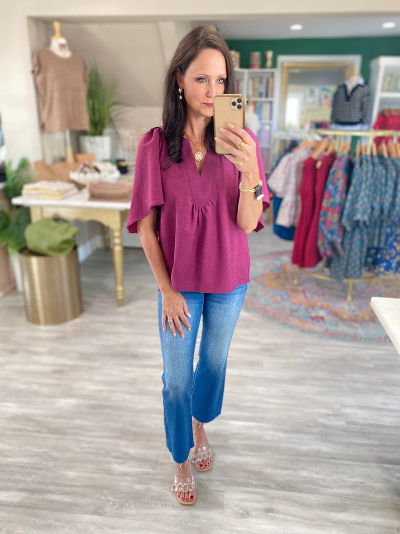 Flare Sleeve V Neck Woven Top