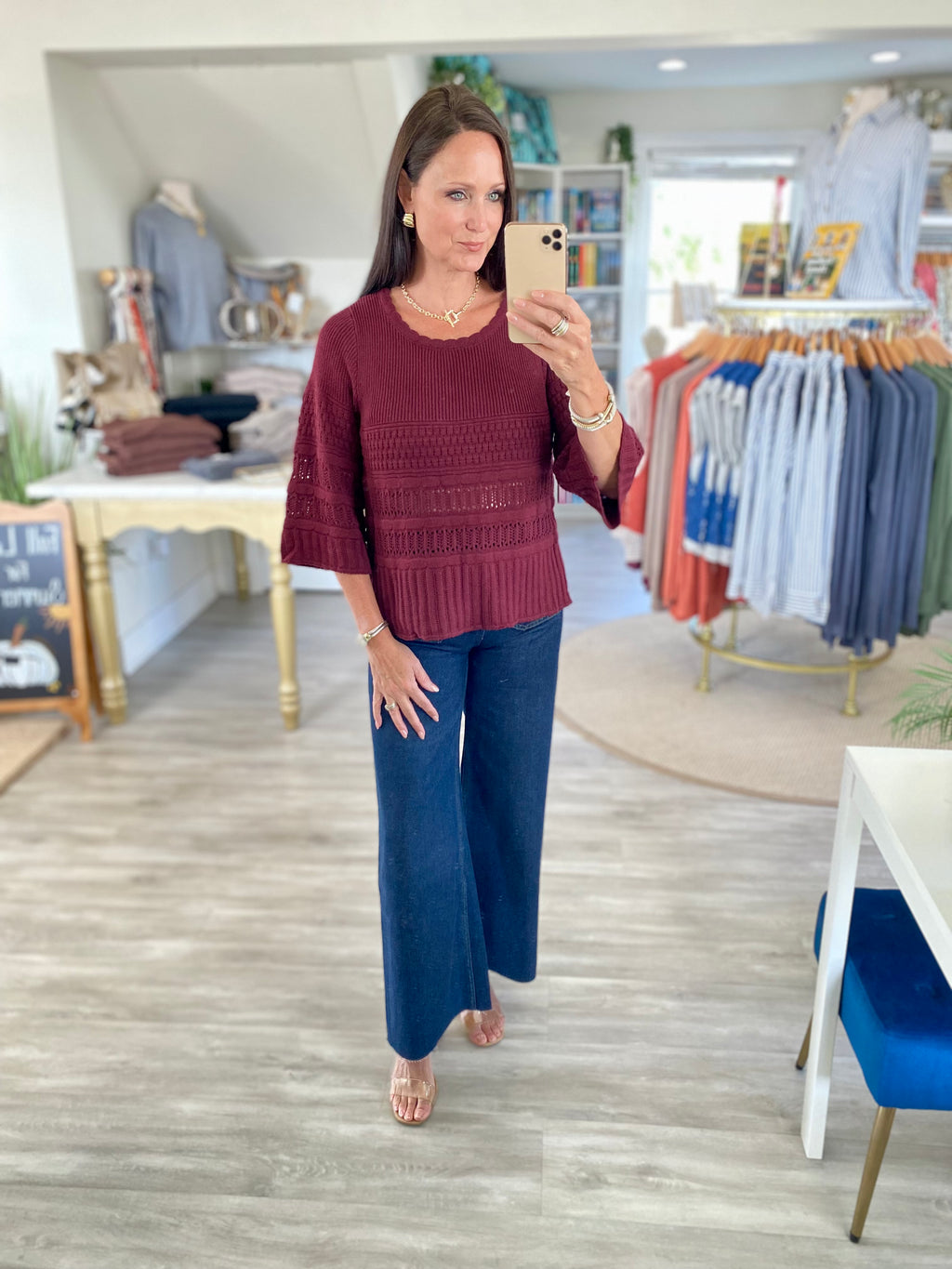 3/4 Sleeve Textured Sweater Top