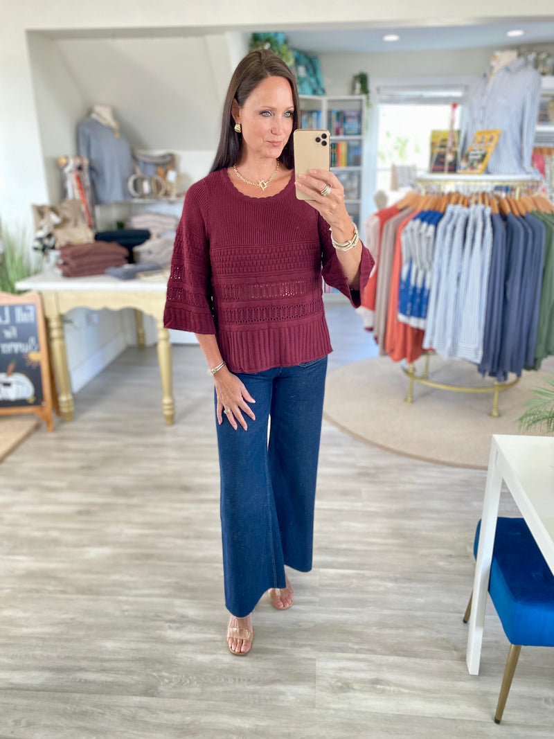 3/4 Sleeve Textured Sweater Top