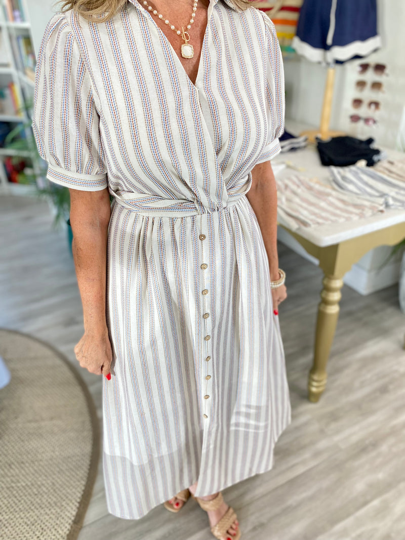 Embroidered Stripe Twist Waist Midi Dress