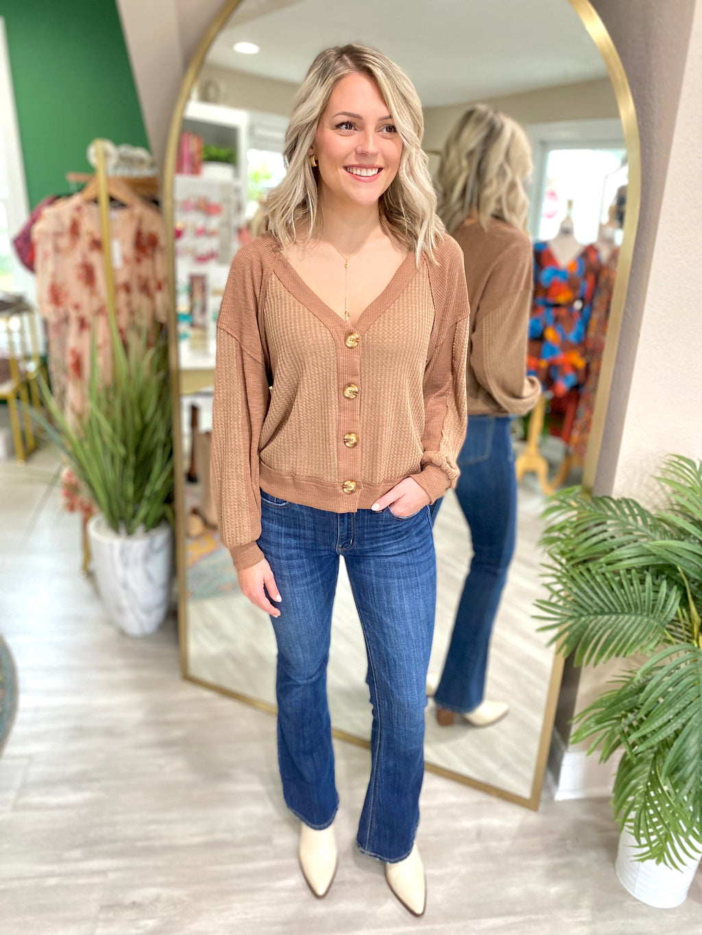 Waffle Knit V Neck Button Down Top