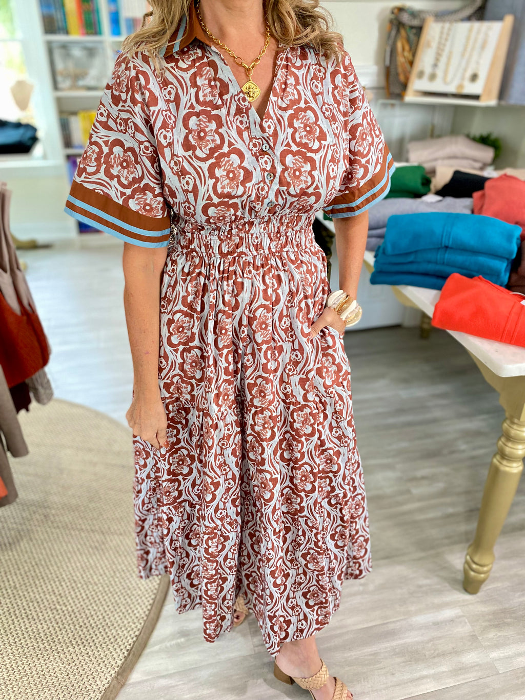 Floral Print Band Collar Midi Dress