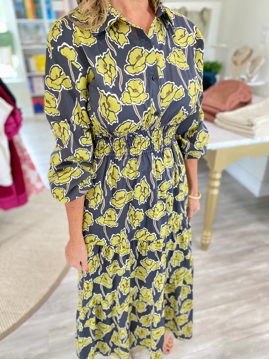 Floral Print Smocked Waist Long Sleeve Midi Dress