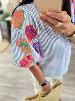 THML Seer Sucker Shell Embroidered Puff Sleeve Top