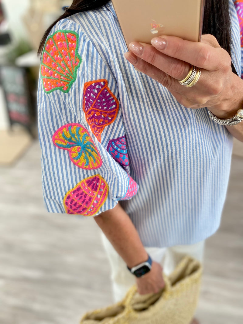 THML Seer Sucker Shell Embroidered Puff Sleeve Top