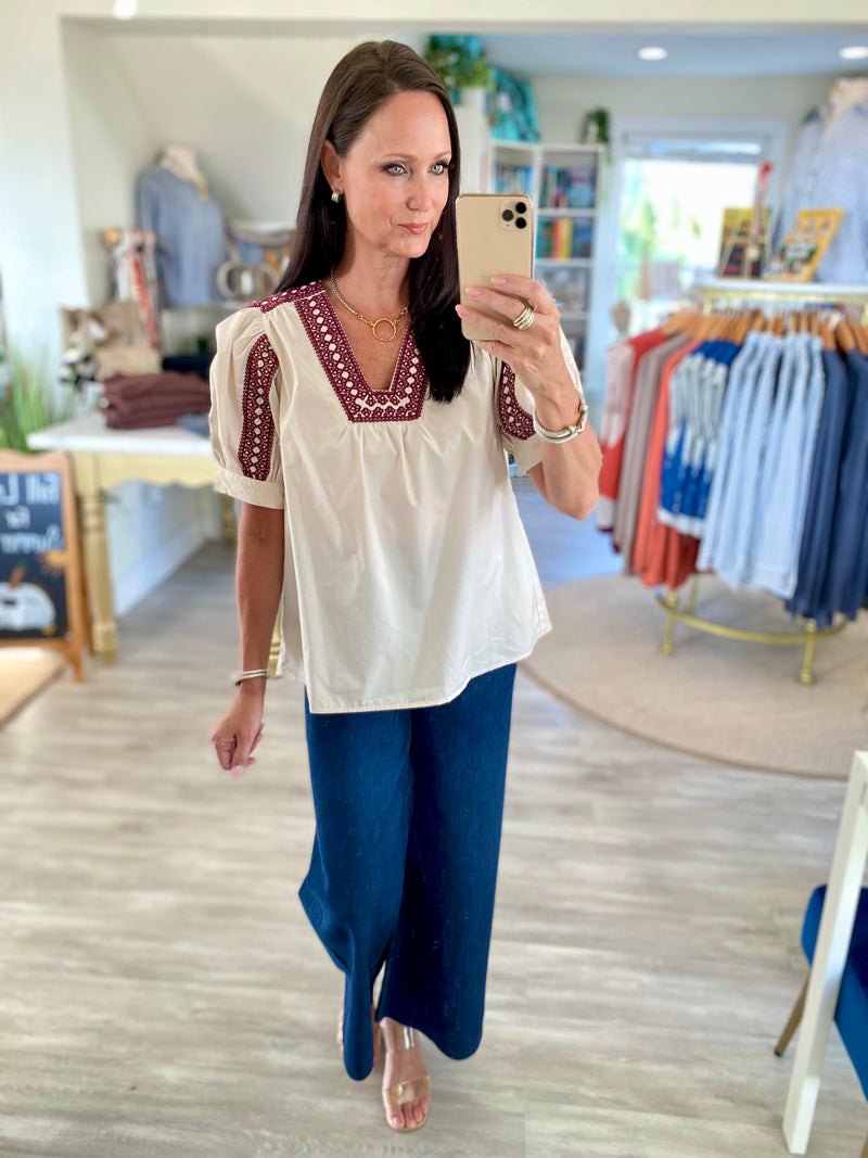 Solid Short Puff Sleeve Embroidered Neck Top