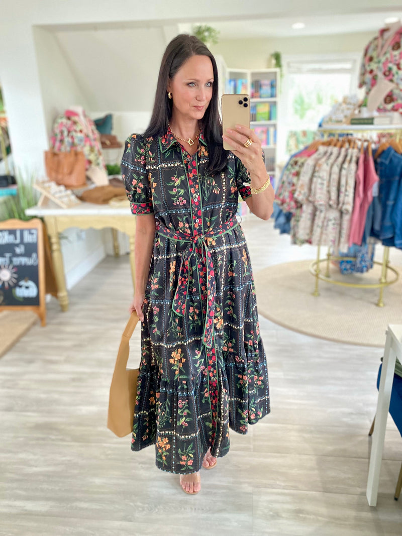 Vintage Botanical Print Button Down Midi Dress