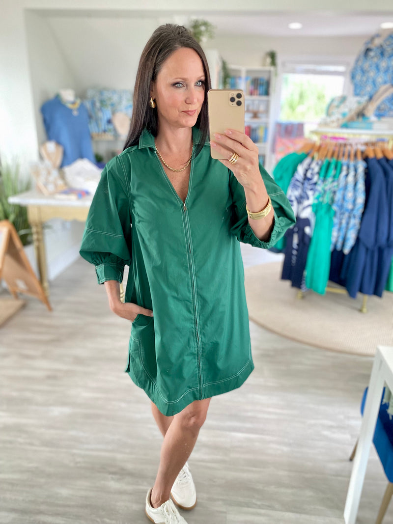 3/4 Lantern Sleeve Zipper Front Mini Dress