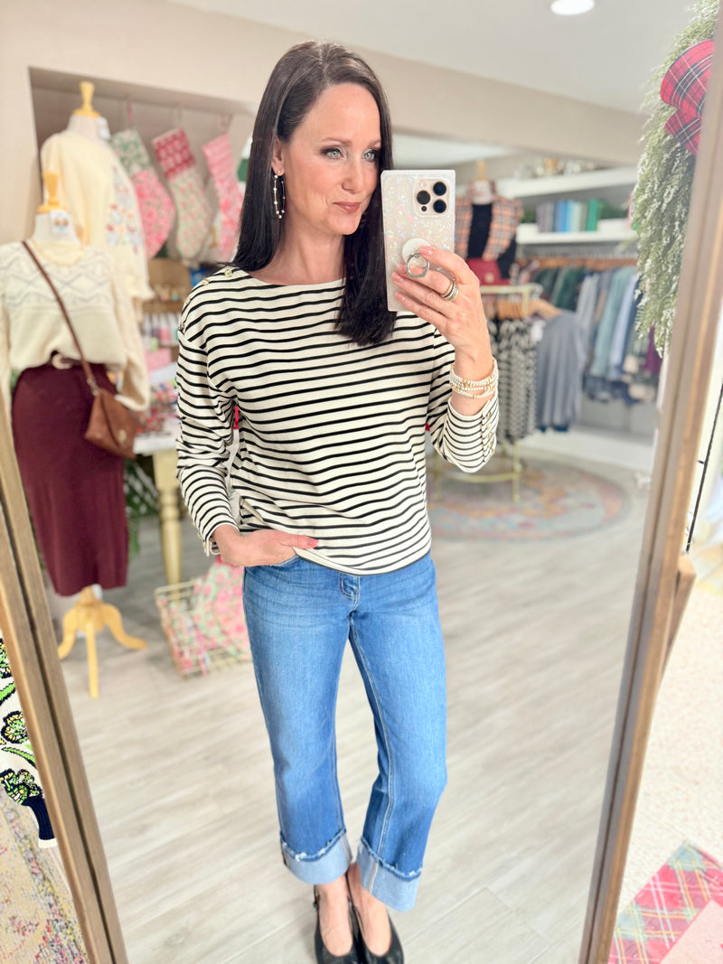 Boat Neck Striped Knit Top