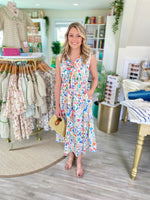 Graphic Print Front Tie Sleeveless Midi Dress