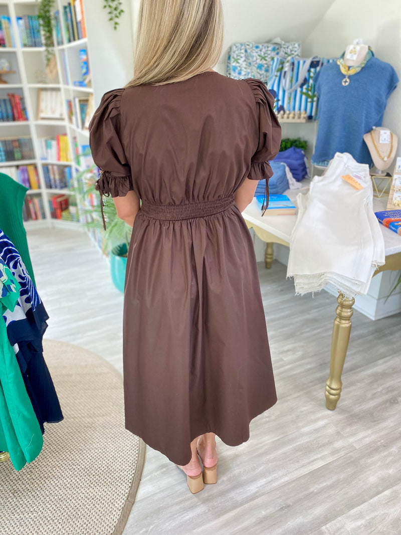 Short Puff Sleeve Zipper Front Cutout Hem Midi Dress
