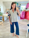 Floral Embroidered Sleeve Stripe Top