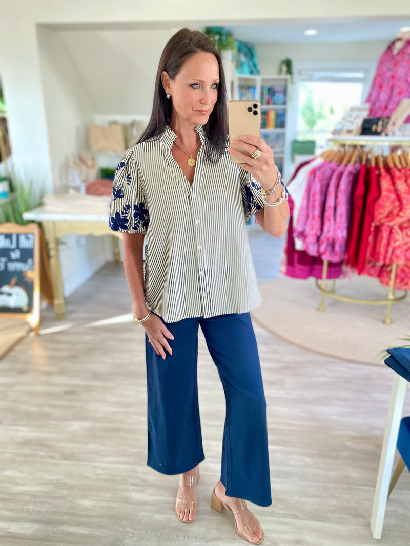 Floral Embroidered Sleeve Stripe Top