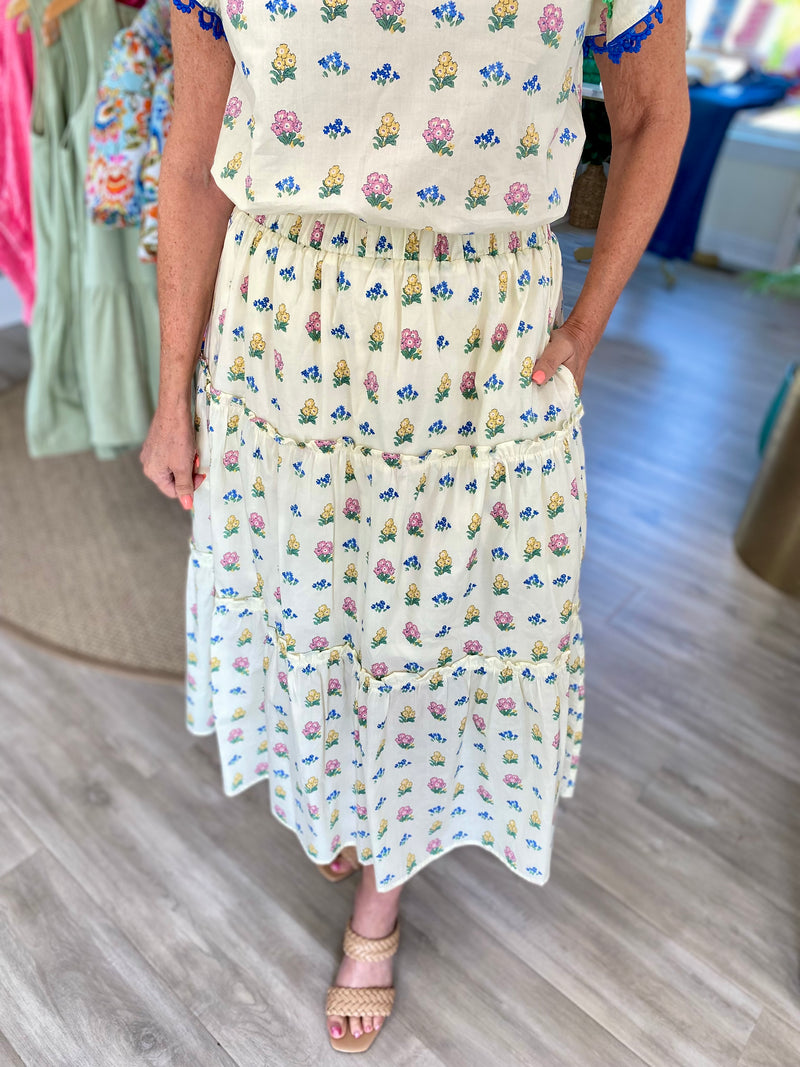 Stamp Floral Print Tiered Midi Skirt