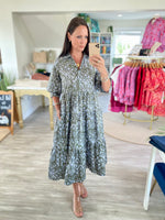 Floral Print Collared V Neck Midi Dress