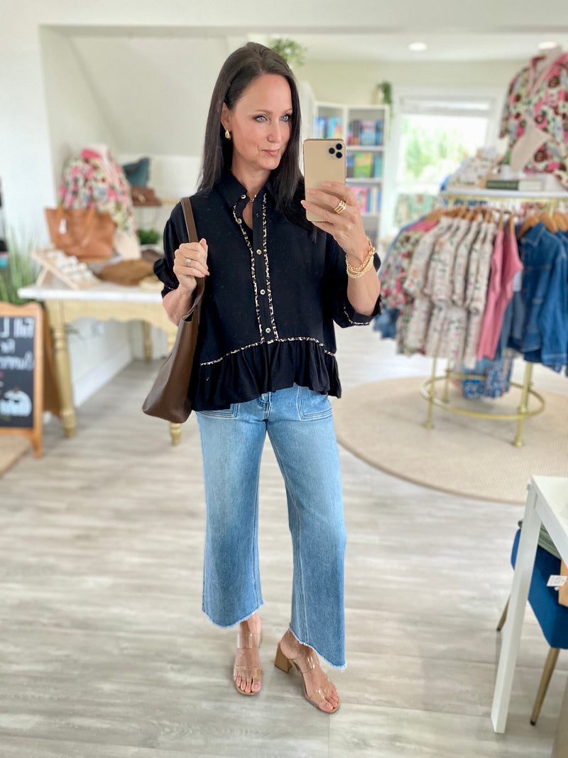 Animal Trim Button Down Peplum Top