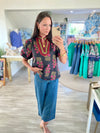 Floral Print Contrast Stripe V Neck Top