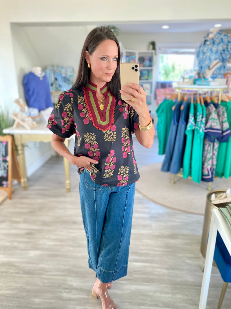 Floral Print Contrast Stripe V Neck Top