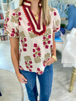 Floral Print Contrast Stripe V Neck Top