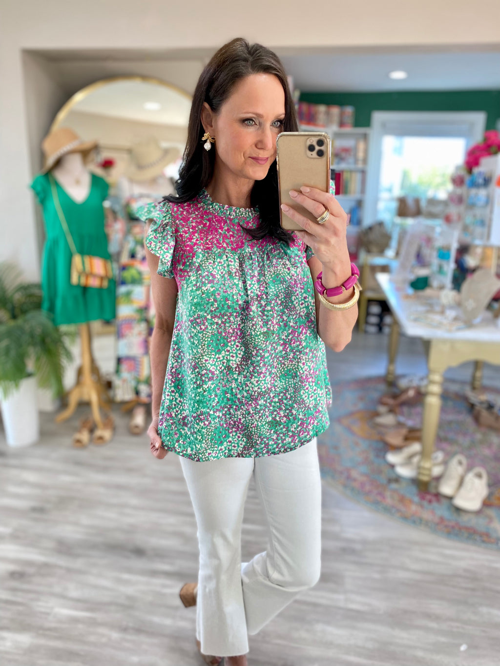 Embroidered Front Yoke Ruffle Print Top