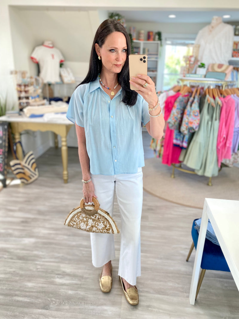 Pleated Button Down Short Sleeve Top