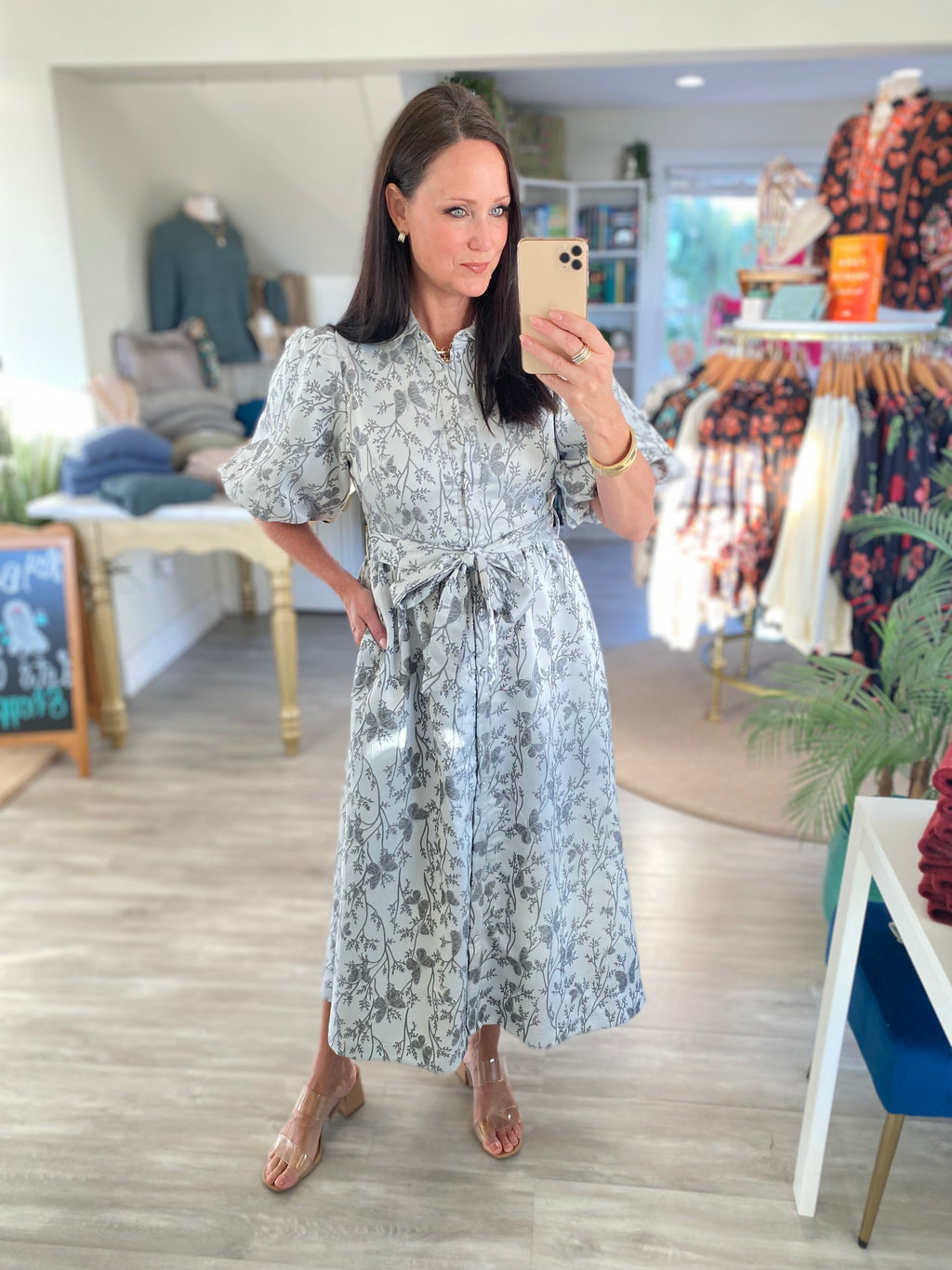 Floral Jacquard Button Front Tie Waist Midi Dress
