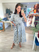 Floral Jacquard Button Front Tie Waist Midi Dress