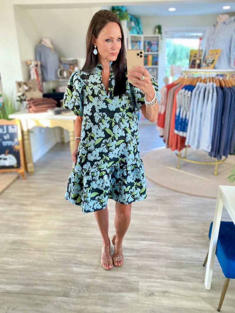 Floral Print Jacquard Puff Sleeve Mini Dress