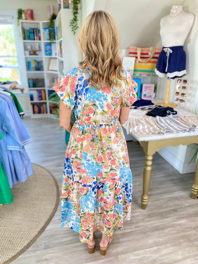 THML Flutter Sleeve Button Front Floral Maxi Dress