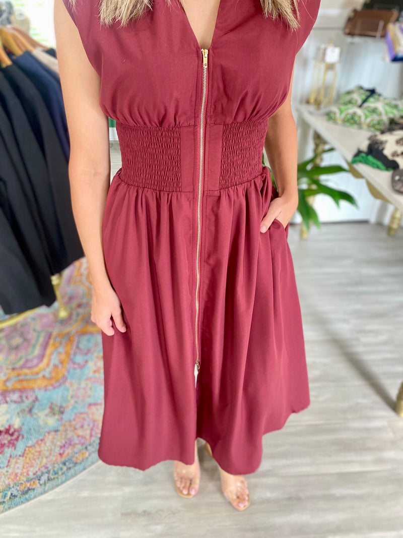 Smocked Waist Zipper Front Midi Dress