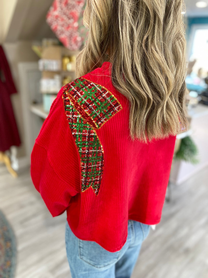 Plaid Sequin Bow Crop Sweater