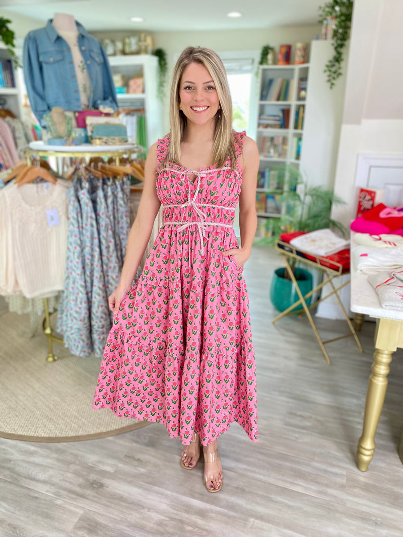 Floral Print Midi Dress W/Contrast Stripe Trim