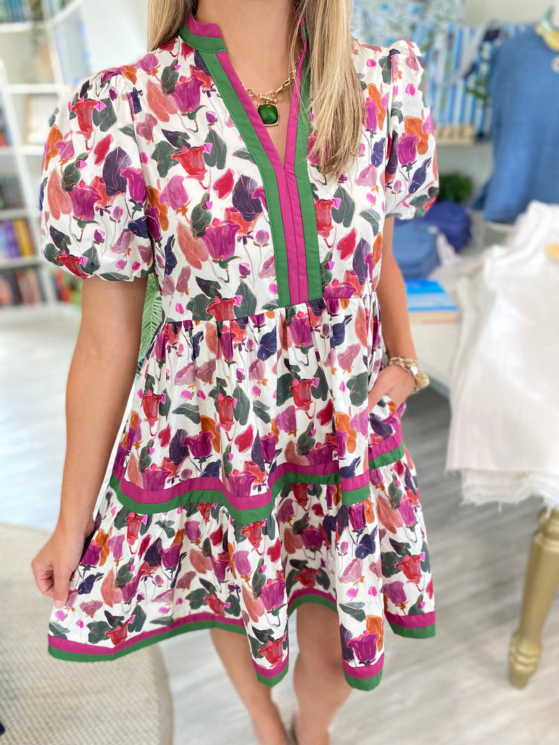 Contrast Stripe Floral Print Mini Dress