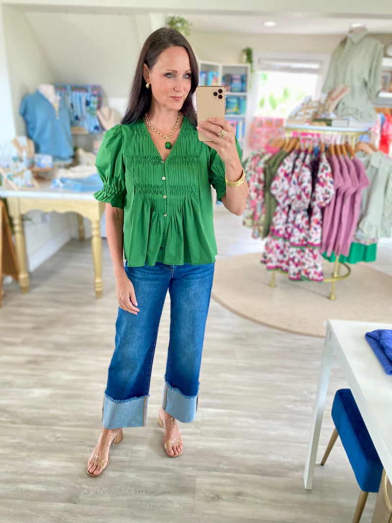 Smocked Bust V Neck Top