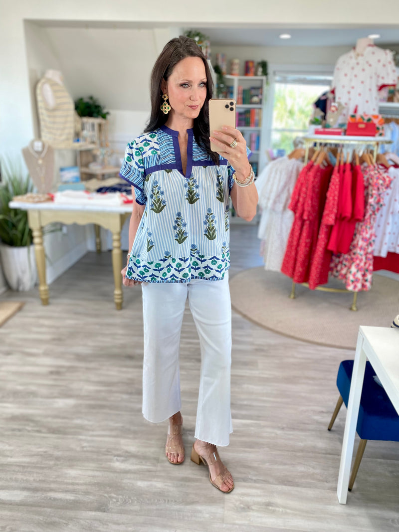 THML Mixed Floral Print Split Neck Short Sleeve Top