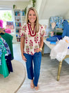 Floral Print Contrast Stripe V Neck Top