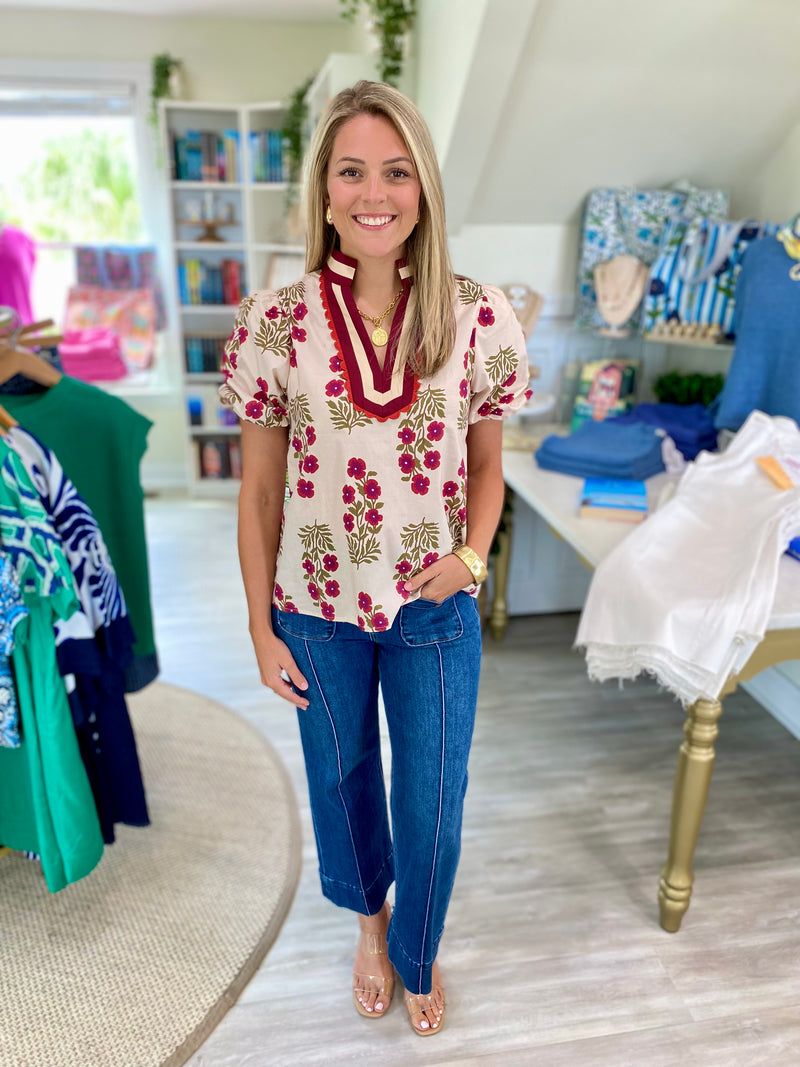 Floral Print Contrast Stripe V Neck Top
