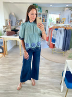 Ruffle Neck Embroidered Scalloped Hem Top
