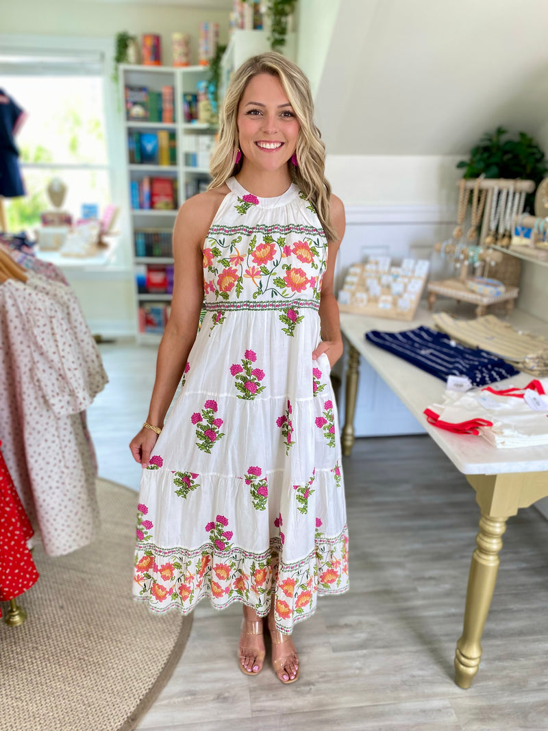 THML Floral and Border Print Halter Midi Dress